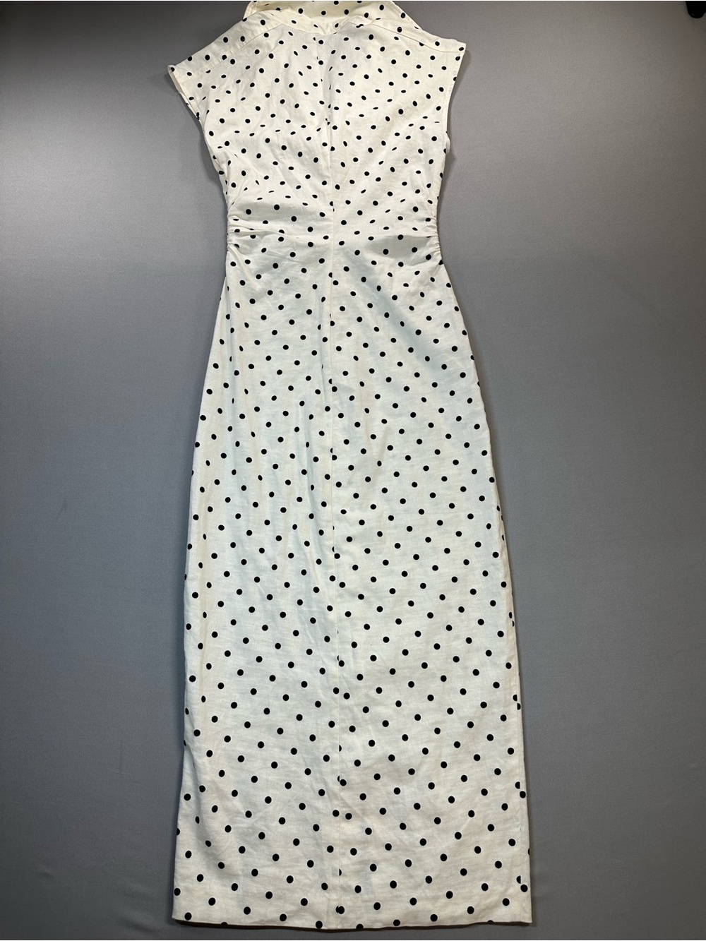 Zara Polka-Dot Linen-Blend Fitted Midi Dress, Cap Sleeve, Ruched - Womens XS - Picture 13 of 16
